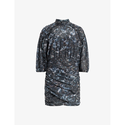 Shop Allsaints Harlee Caladesi Graphic-print Woven Mini Dress In Petrol Blue