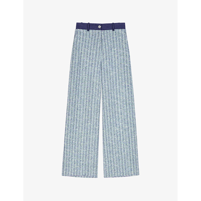 Shop Maje Womens Denim-waistband High-rise Tweed Trousers In Multicolor