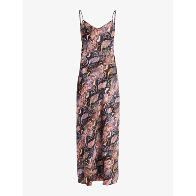 Shop Allsaints Women's Tan Brown Bryony Tahoe Snake-print Recycled-polyester Midi Slip Dress