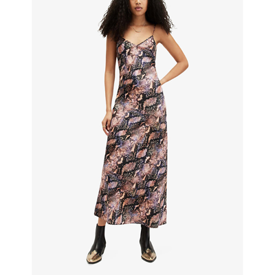 Shop Allsaints Women's Tan Brown Bryony Tahoe Snake-print Recycled-polyester Midi Slip Dress