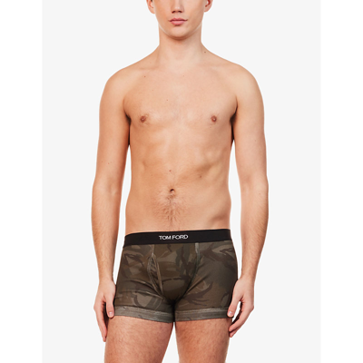 Shop Tom Ford Mens Mineral Green Branded-waistband Camouflage-print Stretch-cotton Boxer Briefs
