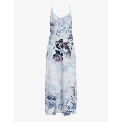 Shop Allsaints Bryony Valley Floral-print Recycled-polyester Midi Slip Dress In White