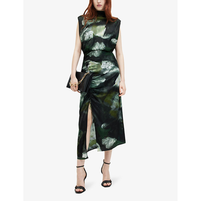Shop Allsaints Women's Khaki Green Isa Graphic-print Woven Midi Dress