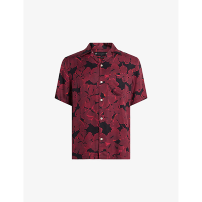 Shop Allsaints Men's Jt Blk/sangria Kaza Floral-print Short-sleeve Woven Shirt
