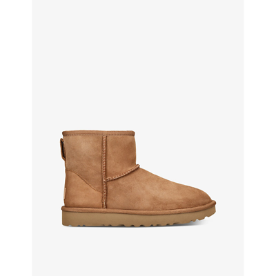 Shop Ugg Womens Tan Classic Mini Regenerate Logo-patch Suede And Shearling Ankle Boots
