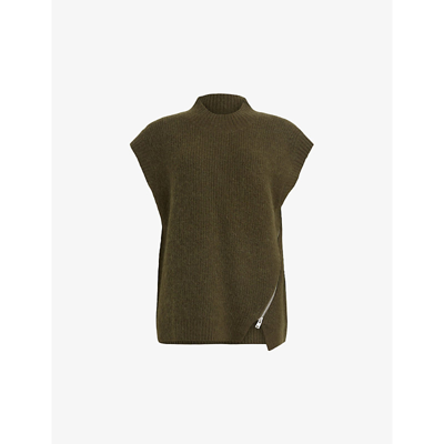 Shop Allsaints Castel V-neck Sleeveless Stretch-knit Tank Top In Khaki Green