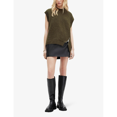 Shop Allsaints Castel V-neck Sleeveless Stretch-knit Tank Top In Khaki Green