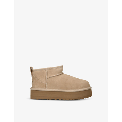 Shop Ugg Boys Tan Kids Classic Ultra Mini Logo-patch Suede And Shearling Platform Ankle Boots 7-10 Years