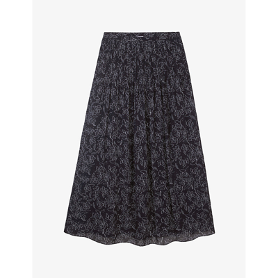 Shop The White Company Women's Navy Floral-print Pintuck Woven Midi Skirt