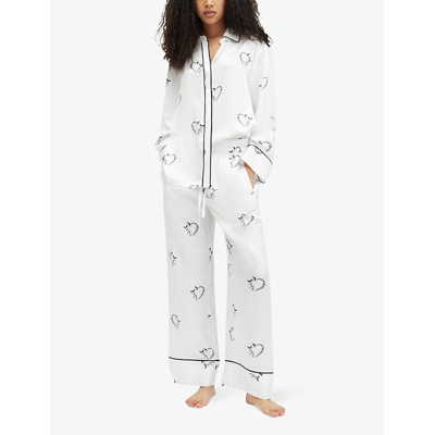 Shop Allsaints Womens Ecru White Sofi Heart-print Lyocell And Silk Pyjama Trousers