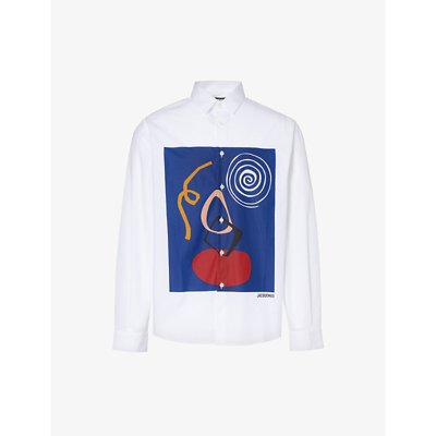 Shop Jacquemus La Chemise Simon Graphic-print Relaxed-fit Cotton-poplin Shirt In White/navy Arty Painting