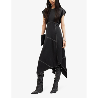 Shop Allsaints Women's Black Agnes Panelled Asymmetric-hem Stretch-woven Maxi Dress