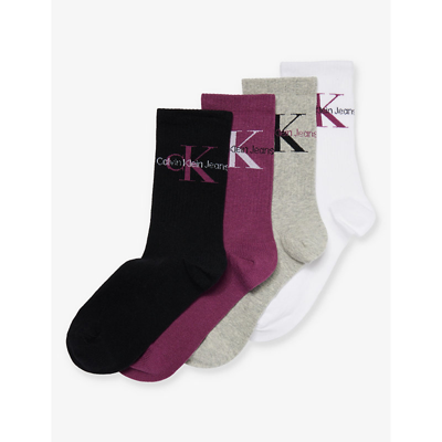 Shop Calvin Klein Branded Crew-length Pack Of Four Cotton-blend Socks In Purple Combo