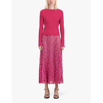 Shop The Kooples Floral-pattern Pleated Midi Skirt In Pink