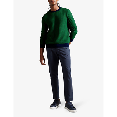 Shop Ted Baker Men's Green Capab Slim-fit Contrast-trim Wool-blend Jumper