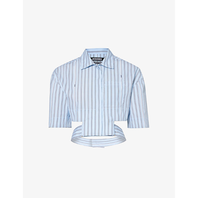 Shop Jacquemus Women's Print Blue Stripe Bari Striped Cut-out Cropped Cotton-poplin Shirt