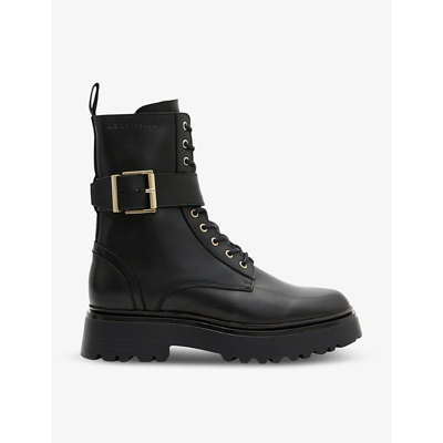 Shop Allsaints Onyx Buckle-embellished Leather Boots In Black/warm Bra