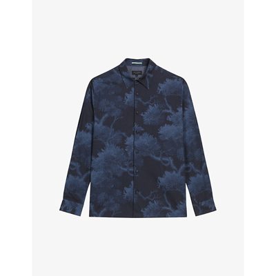 Shop Ted Baker Men's Dk-blue Goxhill Leaf-print Regular-fit Cotton Shirt
