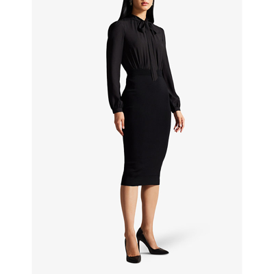 Shop Ted Baker Womens Black Mersea Neck-tie Woven And Knitted Midi Dress