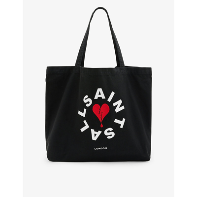 Shop Allsaints Black/white/re Tierra Break Up Logo-print Cotton Tote Bag
