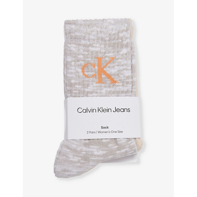 Shop Calvin Klein Branded Crew-length Pack Of Two Cotton-blend Socks In Grey Combo
