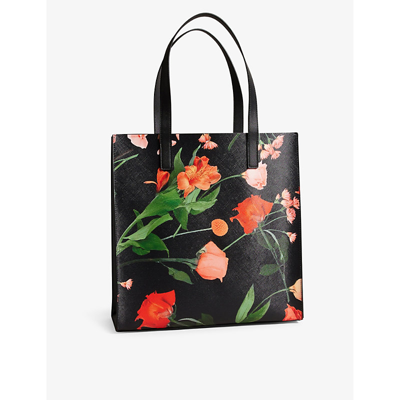Shop Ted Baker Women's Black Flircon Logo-embroidered Floral-print Large Faux-leather Tote