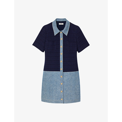 Shop Sandro Women's Bleus Contrast-collar Short-sleeve Tweed And Denim Mini Dress