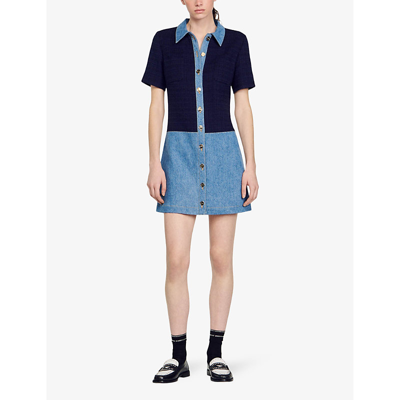 Shop Sandro Womens Bleus Contrast-collar Short-sleeve Tweed And Denim Mini Dress