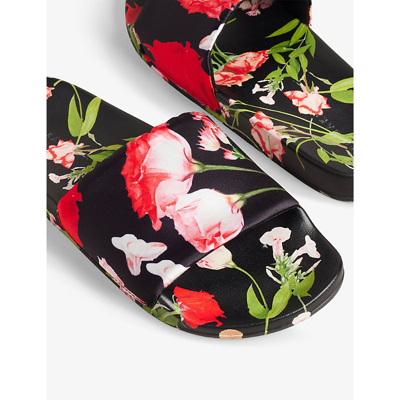 Shop Ted Baker Asela Floral-print Logo-debossed Satin Slides In Black