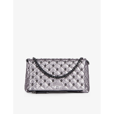 Shop The Kooples Skull-embellished Quilted Small Metallic-leather Clutch Bag In Gun Metal
