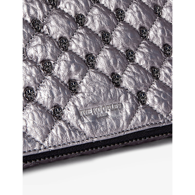 Shop The Kooples Skull-embellished Quilted Small Metallic-leather Clutch Bag In Gun Metal