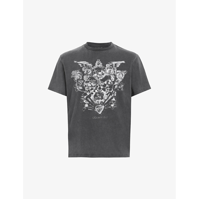 Shop Allsaints Mens Washed Black Covenant Gothic-print Organic-cotton T-shirt