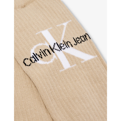 Shop Calvin Klein Branded Crew-length Cotton-blend Socks In Taupe