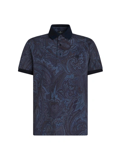 Shop Etro Cotton Polo Shirt With Paisley Print In Blue