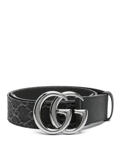 Shop Gucci Denim Belt With Double G Buckle In Black