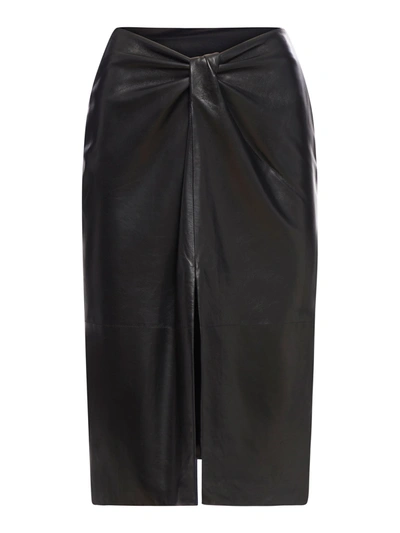 Shop Saint Laurent Knotted Leather Midi Skirt In Black