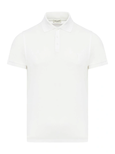 Shop Saint Laurent Monogram Polo Shirt In Cotton Pique In White