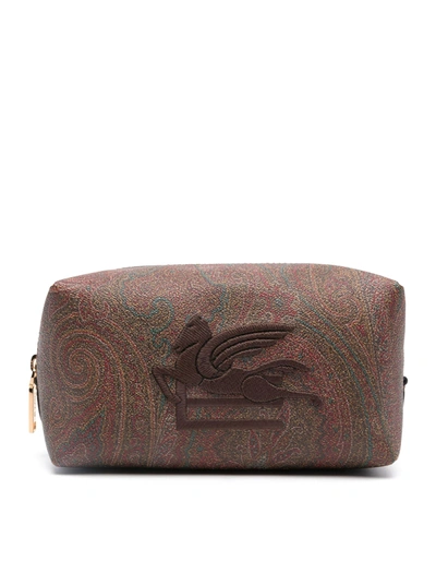 Shop Etro Pegaso-embroidered Zipped Wash Bag In Brown