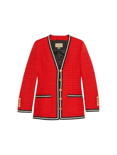 Shop Gucci Wool Jacket With Woven Ribbon Finishes In Red
