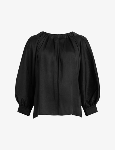 Shop Allsaints Women's Black Ellie Drawcord-neck Linen And Silk Top