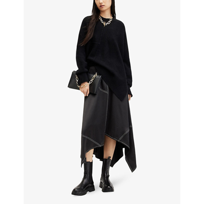 Shop Allsaints Agnes Panelled Asymmetric-hem Stretch-woven Maxi Skirt In Black