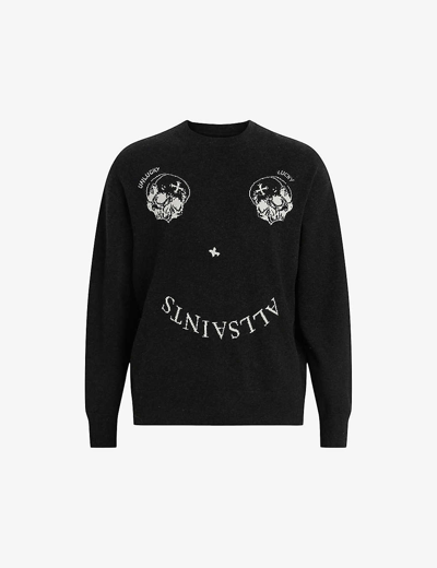 Shop Allsaints Smile Saints Logo-intarsia Wool-blend Jumper In Cinder Black/e