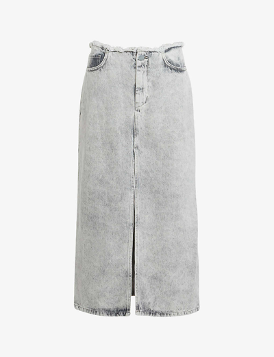Shop Allsaints Honor Frayed Denim Maxi Skirt In Snow Grey