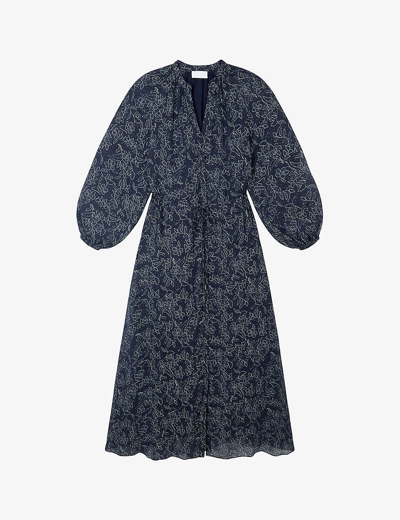 Shop The White Company Women's Navy Flower Outline And Small Polka-dot Printed Woven Midi Dress