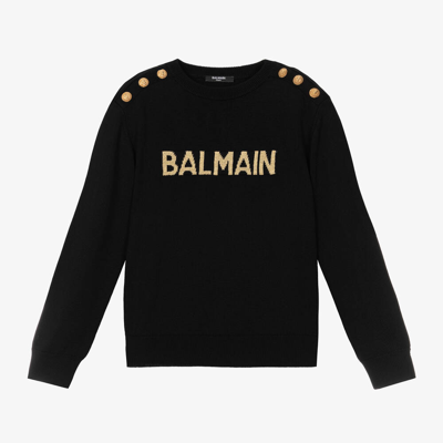 Shop Balmain Girls Black Intarsia Medallion Sweater