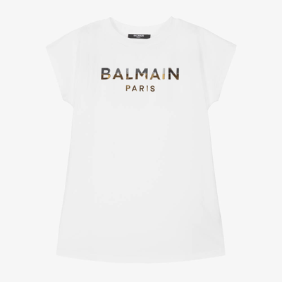 Shop Balmain Girls White Cotton T-shirt Dress