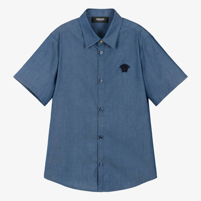 Shop Versace Teen Boys Blue Chambray Medusa Shirt