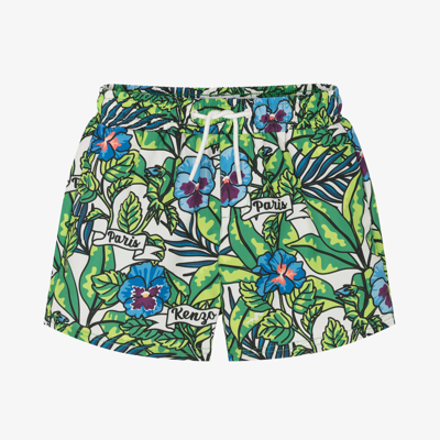 Shop Kenzo Kids Boys Green Flower Print Swim Shorts