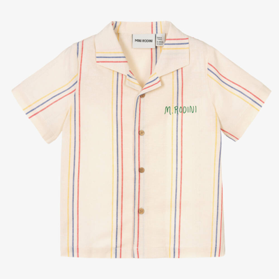 Shop Mini Rodini Boys Ivory Striped Cotton & Linen Shirt