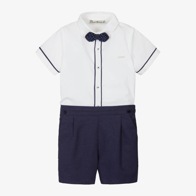 Shop Piccola Speranza Boys Navy Blue Cotton & Linen Shorts Set